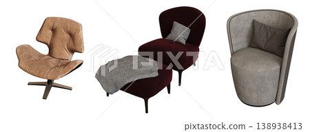 armchair isolate on a transparent background, comfortable furniture for home interior, 3D illustration, cg render armchair isolate on a transparent background, comfortable furniture for home interior, 3D illustration, cg render 138938413