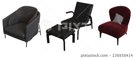 armchair isolate on a transparent background, comfortable furniture for home interior, 3D illustration, cg render armchair isolate on a transparent background, comfortable furniture for home interior, 3D illustration, cg render 138938414