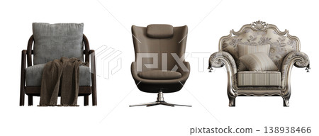 armchair isolate on a transparent background, comfortable furniture for home interior, 3D illustration, cg render armchair isolate on a transparent background, comfortable furniture for home interior, 3D illustration, cg render 138938466