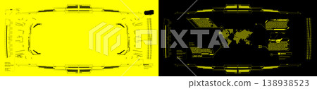 Futuristic HUD elements for sci-fi user interface. High-tech frames, callouts, world map, data displays. Yellow and black color schemes. Cyberpunk style graphics for game or film display Futuristic HUD elements for sci-fi user interface. High-tech frames, callouts, world map, data displays. Yellow and black color schemes. Cyberpunk style graphics for game or film display 138938523