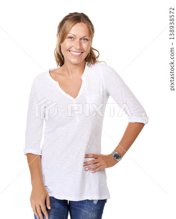 Smile, fashion and portrait of woman in a studio with casual, trendy and stylish outfit. Happy, attractive and beautiful young female model from Australia with cool style isolated by white background Smile, fashion and portrait of woman in a studio with casual, trendy and stylish outfit. Happy, attractive and beautiful young female model from Australia with cool style isolated by white background 138938572