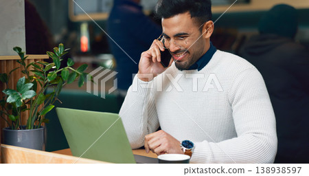 Man, phone call and laptop at cafe for remote work, communication and planning or talking of website design. Freelancer on mobile, voip chat and computer for internet at coffee shop or restaurant Man, phone call and laptop at cafe for remote work, communication and planning or talking of website design. Freelancer on mobile, voip chat and computer for internet at coffee shop or restaurant 138938597