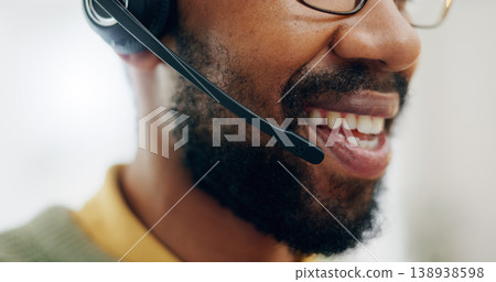 Call center headset, mouth and professional man speaking on telemarketing, sales pitch or customer care support. Help desk closeup, communication microphone and agent consulting on advisory service Call center headset, mouth and professional man speaking on telemarketing, sales pitch or customer care support. Help desk closeup, communication microphone and agent consulting on advisory service 138938598