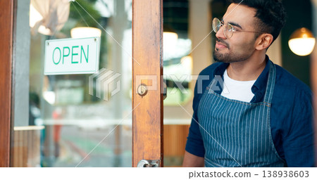 Manager, small business or open sign on front door in cafe or restaurant for service or advertising. Ready, start or waiter by a board, poster or welcome message in entrance of diner or coffee shop Manager, small business or open sign on front door in cafe or restaurant for service or advertising. Ready, start or waiter by a board, poster or welcome message in entrance of diner or coffee shop 138938603
