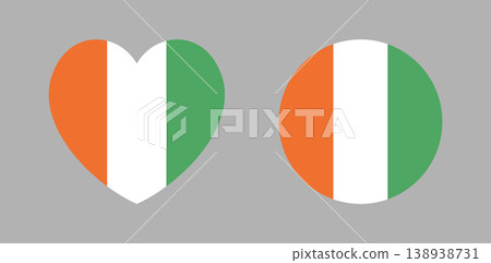 Flag of Republic of Ivory Coast badge. Set of heart shaped, circle flag button, sticker, icon. National Ivory Coast flag round, heart, background, banner. Flag of Republic of Ivory Coast badge. Set of heart shaped, circle flag button, sticker, icon. National Ivory Coast flag round, heart, background, banner. 138938731