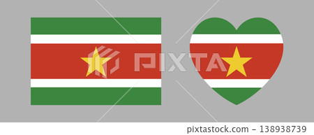 National flag of Suriname heart shaped, rectangular icon, sticker set. Suriname flag rectangle, heart button, badge. Flag background, banner. 138938739