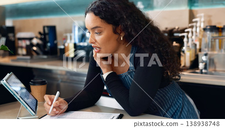Business owner, phone call or writing for cafe order, restaurant logistics or food management. Supply chain checklist, notebook or woman in mobile communication for stock inventory in coffee shop Business owner, phone call or writing for cafe order, restaurant logistics or food management. Supply chain checklist, notebook or woman in mobile communication for stock inventory in coffee shop 138938748