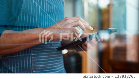 Hands, restaurant or barista on tablet for small business owner, social media update or sale promotion. Waiter, scroll closeup or person reading on technology app for coffee shop order on cafe review 138938763