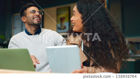 Colleagues, laptop and remote work with laugh, tablet and working with technology, business and strategy. Coffee shop, meeting and planning for project, woman and man in partnership, smile and job 138938764
