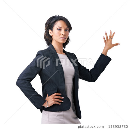 Business, woman and presentation hand portrait in studio for professional work, corporate information in formal fashion. Black person, face and arm for project confidence, mockup on white background Business, woman and presentation hand portrait in studio for professional work, corporate information in formal fashion. Black person, face and arm for project confidence, mockup on white background 138938780