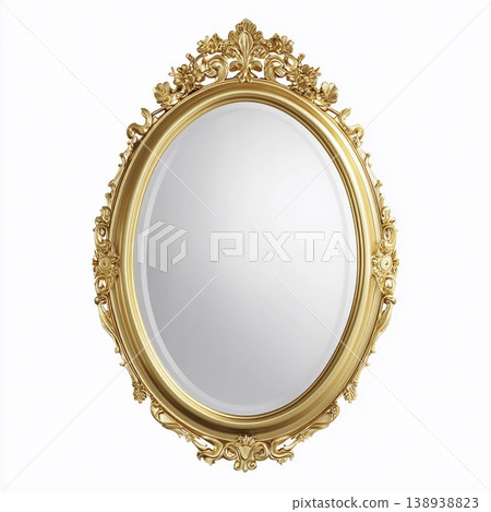 Elegant gold-framed mirror with ornate detailing on a pure white background Generative AI 138938823