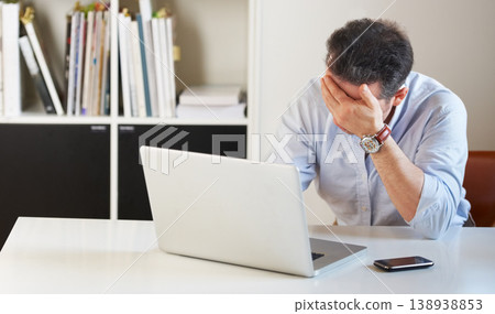 Business man, laptop and stress headache for fail, financial depression or mistake on budget with bad news. Accountant, computer and anxiety for crisis, glitch or fear for debt, bankruptcy or burnout 138938853