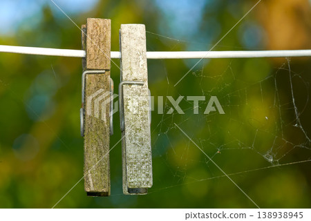 Wooden pegs with spider webs on a washing line against a blurred background. Closeup of a cobweb strung alongside two weathered old clothespins. Ecosystem and biodiversity of nature in a modern world Wooden pegs with spider webs on a washing line against a blurred background. Closeup of a cobweb strung alongside two weathered old clothespins. Ecosystem and biodiversity of nature in a modern world 138938945