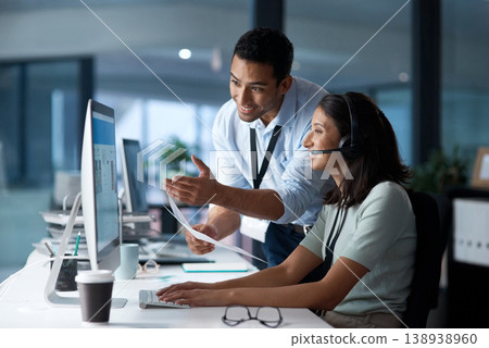 Call center, team and people with computer for help, customer service or training document in office. Contact us, man and happy woman with tech for coaching intern, support or advice with paperwork 138938960