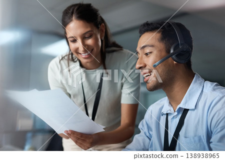 Call center, team and people with document for training, contact us or help with crm in office. Customer service, man and happy woman with paperwork for coaching intern, support or advice in meeting 138938965