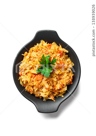 Stewed cabbage in iron pan isolated Stewed cabbage in iron pan isolated 138939026