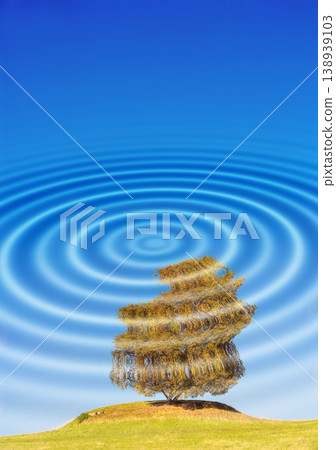 CGI ripple effect of nature scene with white reflection of circle pattern and texture. Hypnotizing wallpaper background of psychedelic art. Cosmic tree on a lawn of grass and a blue sky. CGI ripple effect of nature scene with white reflection of circle pattern and texture. Hypnotizing wallpaper background of psychedelic art. Cosmic tree on a lawn of grass and a blue sky. 138939103