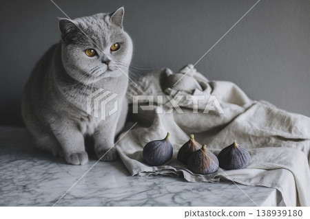 Shorthair cat curiously observes figs on a marble kitchen island Generative AI Shorthair cat curiously observes figs on a marble kitchen island Generative AI 138939180