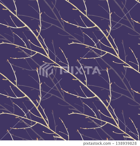 Seamless watercolor pattern of bare tree branches on a dark purple background. Seamless watercolor pattern of bare tree branches on a dark purple background. 138939828