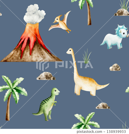 Seamless pattern with dinosaurs, volcano eruption, palm tree, sun and clouds. Watercolor hand drawn prehistoric triceratops, diplodocus, Spinosaurus, Brachiosaurus animal. Isolated illustration on 138939933