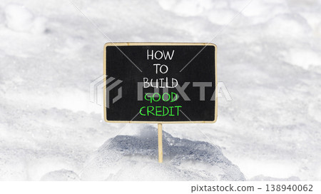 How to build good credit symbol. Concept words How to build good credit on beautiful black blackboard. Beautiful white snow background. Business how to build good credit concept. Copy space. How to build good credit symbol. Concept words How to build good credit on beautiful black blackboard. Beautiful white snow background. Business how to build good credit concept. Copy space. 138940062