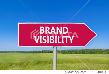 Brand visibility symbol. Concept words Brand visibility on beautiful red road sign. Beautiful blue sky green grass field background. Business branding and brand visibility concept. Copy space. Brand visibility symbol. Concept words Brand visibility on beautiful red road sign. Beautiful blue sky green grass field background. Business branding and brand visibility concept. Copy space. 138940091