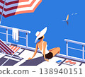 Women in sun hat on cruise vessel deck enjoy blue ocean scenic view. Summer seaside landscape background. Holiday vacation season sea trip leisure illustration. Sea sailing relax tourist vector poster 138940151