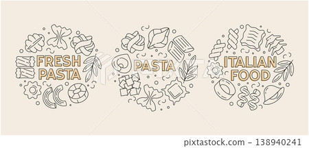 Italian pasta round compositions set, linear outline food designs, spaghetti, penne, fusilli, ravioli, circle layout illustration Italian pasta round compositions set, linear outline food designs, spaghetti, penne, fusilli, ravioli, circle layout illustration 138940241