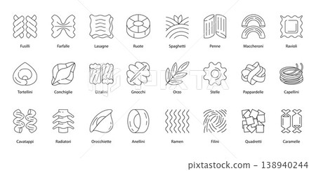 Italian pasta types outline icons set, linear food design elements, spaghetti, penne, fusilli, ravioli, macaroni vector illustration Italian pasta types outline icons set, linear food design elements, spaghetti, penne, fusilli, ravioli, macaroni vector illustration 138940244