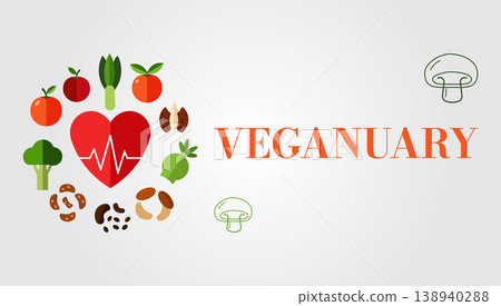 Veganuary heartbeat with fresh vegetables and fruits plant based food choice Veganuary heartbeat with fresh vegetables and fruits plant based food choice 138940288