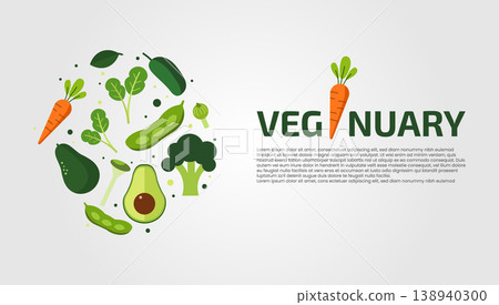 Veganuary circle of fresh vegetables and fruits with plant based, food choice 138940300