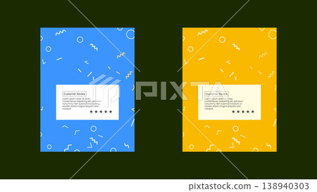 Testimonial card designs with five star rating on blue and yellow background 138940303