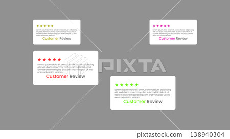 Customer review testimonial cards with five star rating and feedback text 138940304