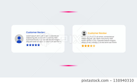 Two rectangular customer feedback cards with profile photos and star ratings 138940310