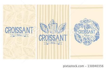 Hand Drawn Croissant Bakery 3 Banner Set in Retro Style Hand Drawn Croissant Bakery 3 Banner Set in Retro Style 138940356