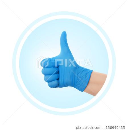 Medical icon showing a hand in a blue glove making a thumbs up gesture. Healthcare, positive approval, and safe clinic concept graphic isolated on a white background. Medical icon showing a hand in a blue glove making a thumbs up gesture. Healthcare, positive approval, and safe clinic concept graphic isolated on a white background. 138940435