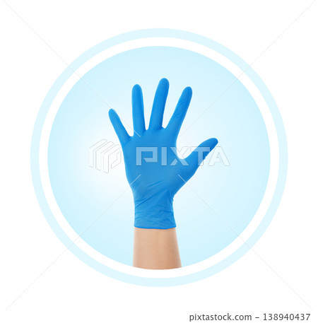 Medical icon showing an open hand in a blue glove making a stop or five gesture. Healthcare, protection, and safety concept graphic isolated on a white background. Medical icon showing an open hand in a blue glove making a stop or five gesture. Healthcare, protection, and safety concept graphic isolated on a white background. 138940437