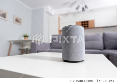 Smart speaker device in living room. Smart home. 138940465