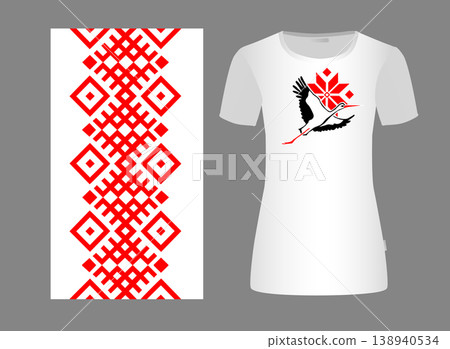 Belarusian ornament for printing on a T-shirt Slavic national with a flying stork. Hand drawn. Not AI, vector illustration. Belarusian ornament for printing on a T-shirt Slavic national with a flying stork. Hand drawn. Not AI, vector illustration. 138940534