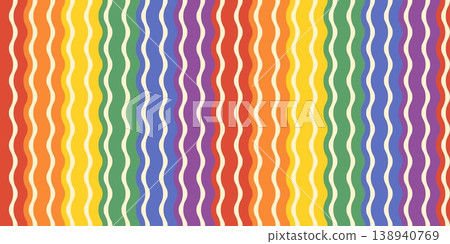 Colorful wavy vertical rainbow stripes in pride flag colors vector seamless pattern, cute abstract striped background Colorful wavy vertical rainbow stripes in pride flag colors vector seamless pattern, cute abstract striped background 138940769