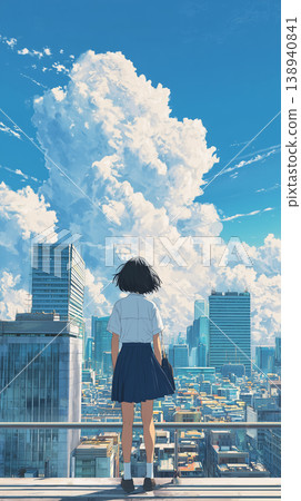 The back view of a high school girl gazing at cumulonimbus clouds and a cityscape. 138940841