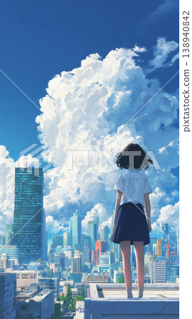 The back view of a high school girl gazing at cumulonimbus clouds and a cityscape. 138940842