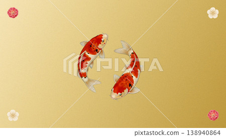 A gorgeous Japanese-style illustration featuring two koi carp, one red and one white, swimming against a gold gradient background. 138940864
