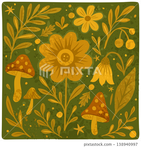 Vector print with forest foliage, flowers, berries and mushrooms Vector print with forest foliage, flowers, berries and mushrooms 138940997