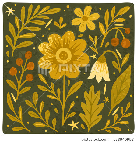 Vector print with forest foliage, flowers and berries 138940998