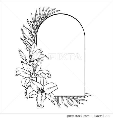 Black and white floral arch frame. Vertical frame of tropical flowers and leaves. Vector Bouquet of Lilies in line art style. Vector monochrome illustration with line art flowers. EPS10 Black and white floral arch frame. Vertical frame of tropical flowers and leaves. Vector Bouquet of Lilies in line art style. Vector monochrome illustration with line art flowers. EPS10 138941000