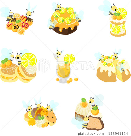 This is an illustration set of sweet desserts decorated with round honey jelly and marshmallow bees. This is an illustration set of sweet desserts decorated with round honey jelly and marshmallow bees. 138941124