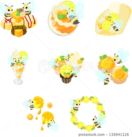 This is an illustration set of sweet desserts decorated with round honey jelly and marshmallow bees. This is an illustration set of sweet desserts decorated with round honey jelly and marshmallow bees. 138941126