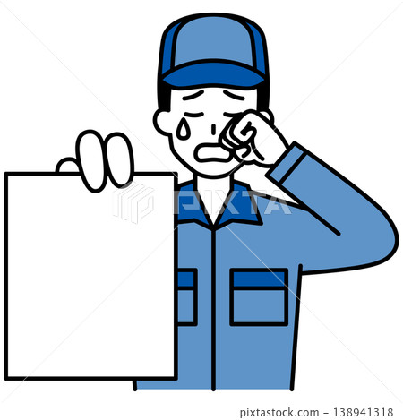 A man in overalls cries while showing documents. A man in overalls cries while showing documents. 138941318