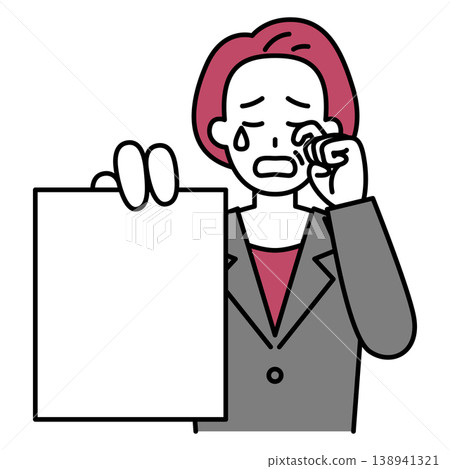 一位身穿西裝的中年婦女一邊哭泣一邊展示文件。 138941321